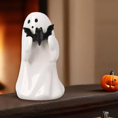 Halloween Ghost Figurine Cute Small Ghost Holding Bat/Pink Pumpkin Statue Resin Tabletop Ornament for Bookshelf Bedroom Home Decor