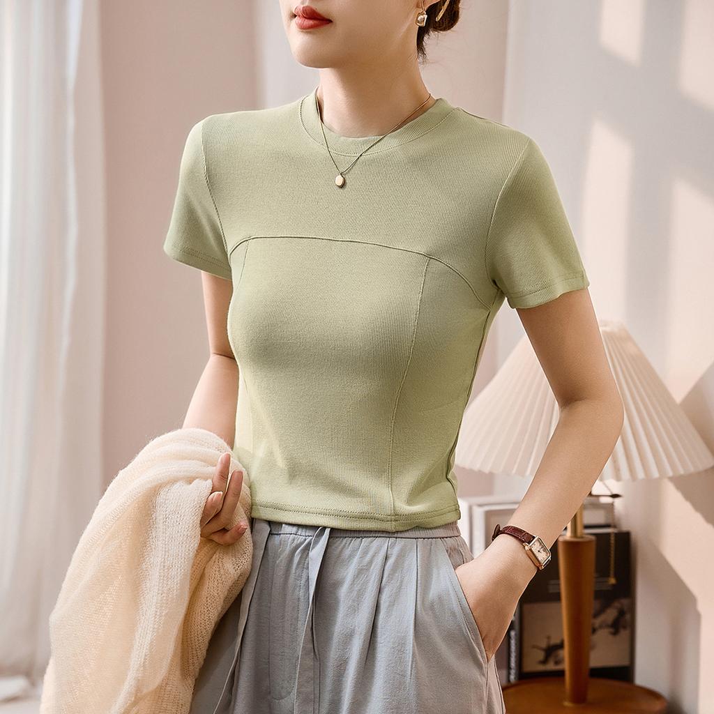 Grade Design and Bright Line Waist-hugging and Slimming Short-sleeved T-shirt for Women's Summer Clothing