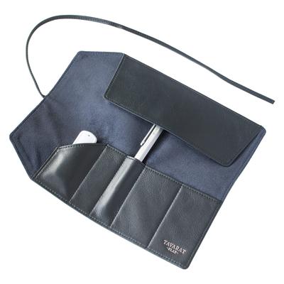 Tabarat Men's Pencil Case, Genuine Leather, Unisex Roll Pencil Case, Flat Series (Black Navy)