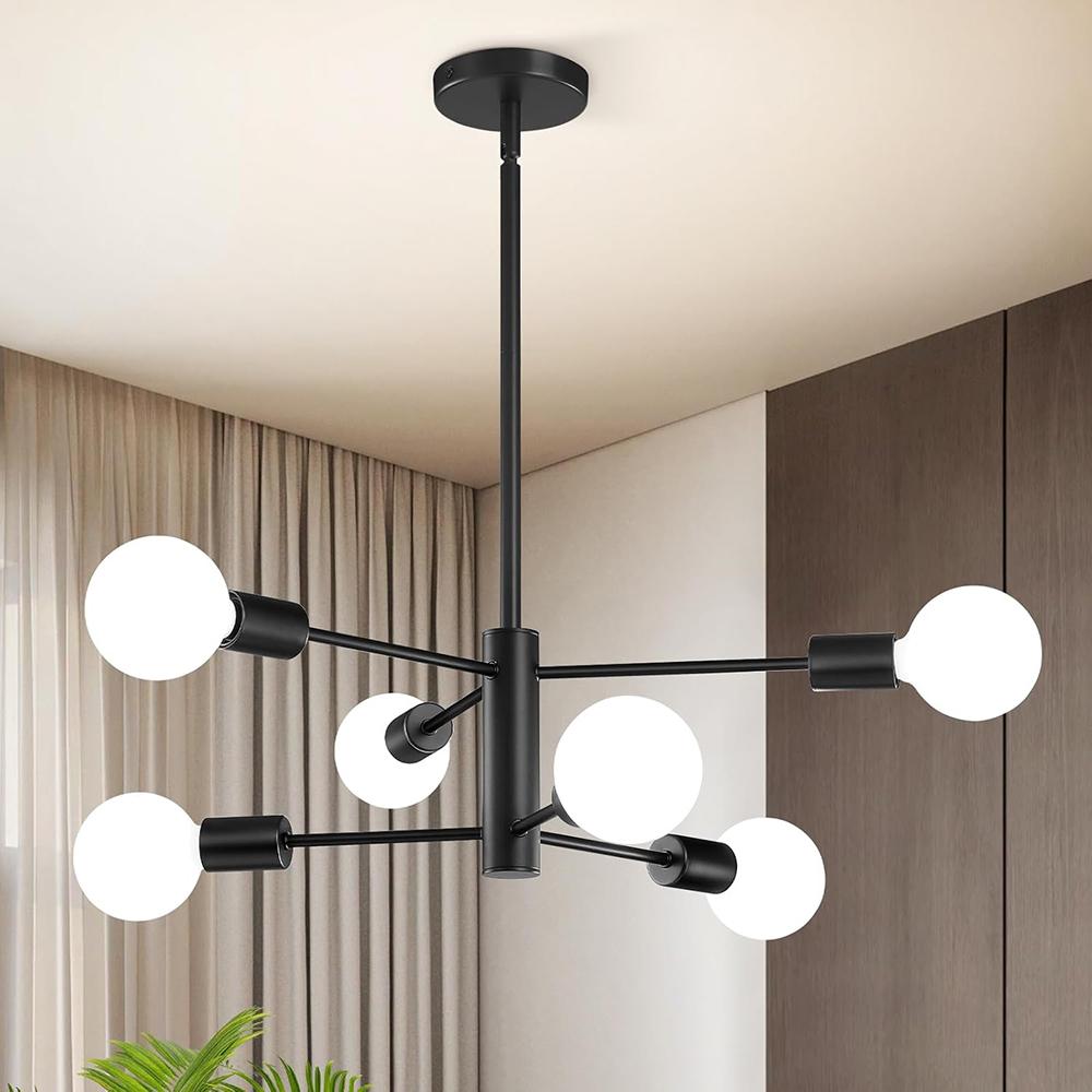 Modern Sputnik Chandeliers Light, 6-Light Black Chandeliers for Dining Room, Height Adjustable Ceiling Lights Farmhouse Chandelier for Kitchen Island