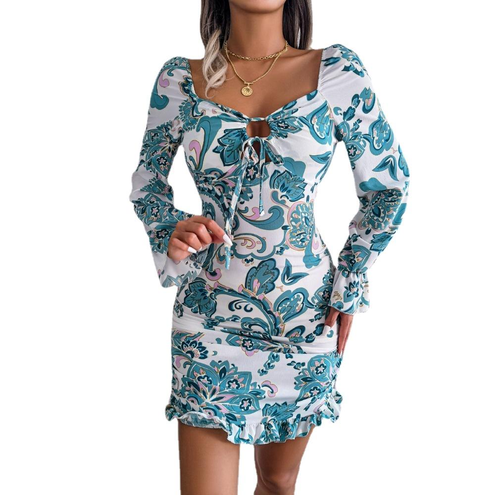 

GMXIA Женская мода лето весна с длинным рукавом квадратный воротник Высокая талия цветочный принт повседневные платья XL зелёный