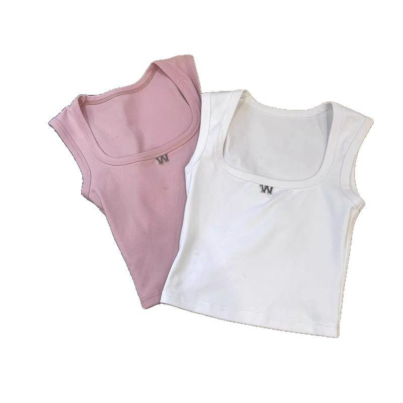 Women's Summer Slimming U-Neck Camisole with Wide Straps and Stylish Letter Label