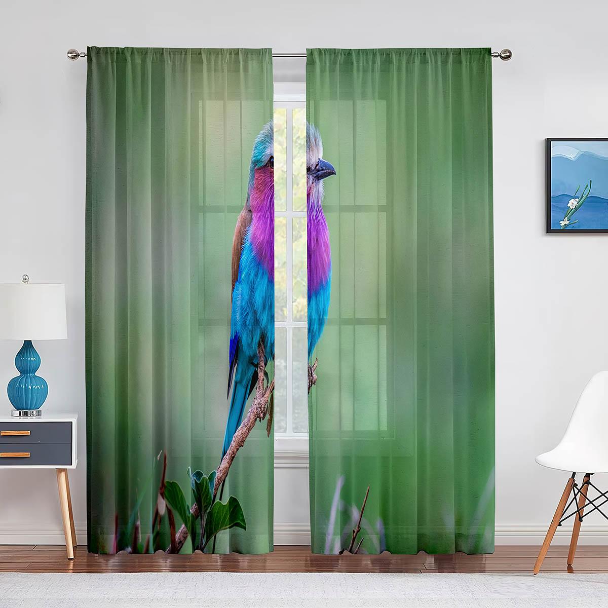 Тюлевые прозрачные шторы с милой синей птицей на ветке дерева для гостиной — фото 15