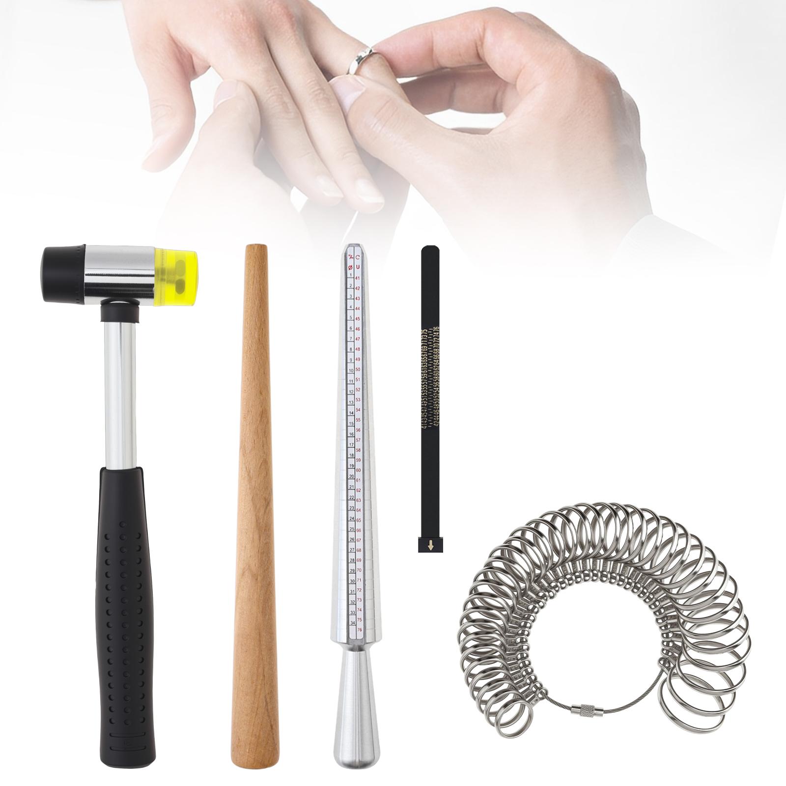 

Набор для изготовления ювелирных изделий профессиональный 5 шт.: Манрель для ювелирных изделий из массива дерева, Измерительная лента на 4 ярда, Круглый ювелирный инструмент 3 размеров с резиновым молотком и пальцемеры EU Sizer