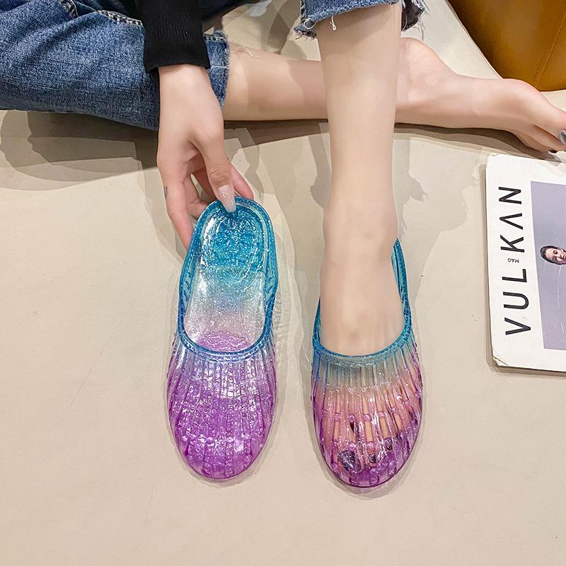 Women's Cross-Strap Closed-Toe Crystal Jelly Mules - Non-Slip, Hollow, Flat Outdoor Summer Sandals