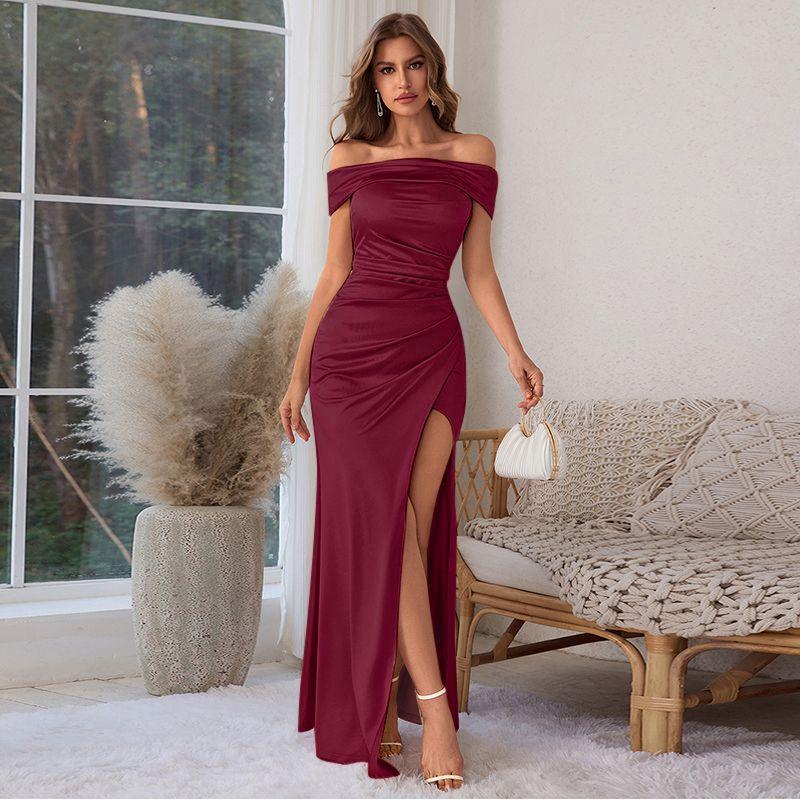 European and American Elegant Pleat off-Shoulder Dress Summer New Split Sexy Guest dresses Slimming Slim fit Hip Skirt