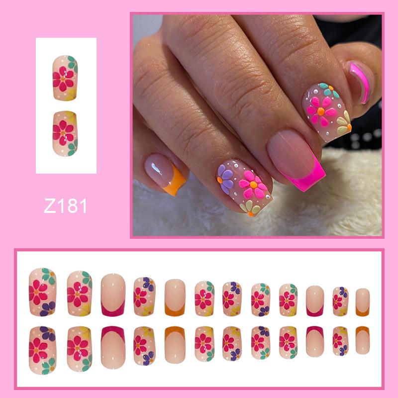 24pcs Press On Nails Spring Manicure Simple Chinese Square Shape Pure Desire Colorful Flowers Small Fresh Pink Transparent Manicure Wearable Patch