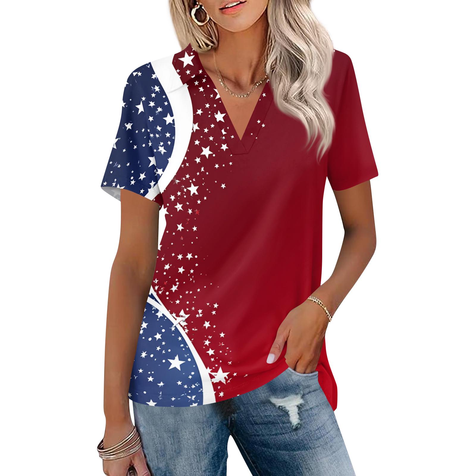 Womens Spring Tops V Neck Short Sleeve Summer Shirts for Women Casual Star Print Loose Fit Womens Summer Shirts L красный