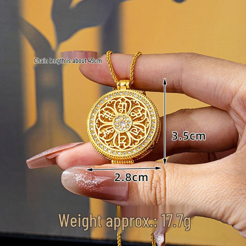 Women's Trendy Gold Sand Compass Pendant Necklace with Diamond-Inlaid Eight Treasures and God of Wealth Design