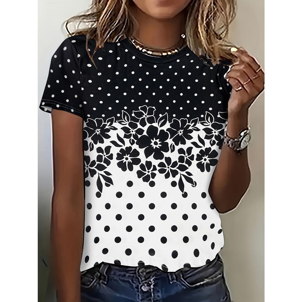 Women's Fashion Oil Floral Pattern Fashion Short Sleeve Round Neck Top Casual