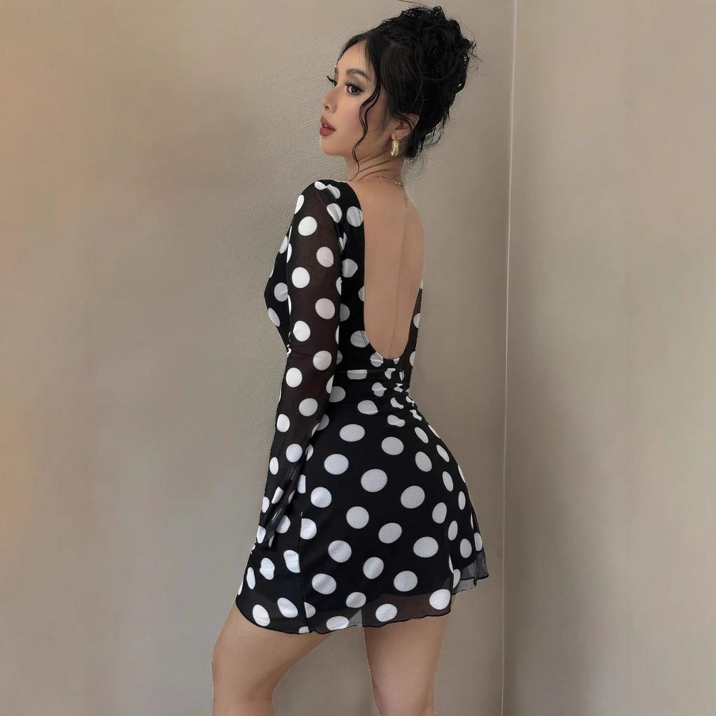 Women Evening Party Flare Sleeve O Neck Backless Mesh  Dot Printed Package Hip One Piece Dress