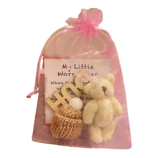 Pocket Hug Plush Bear Toy with Encouragement Card Mesh Bag Mini Positive Stuffed Bear Doll with Knitted Hat Inspirational Gift