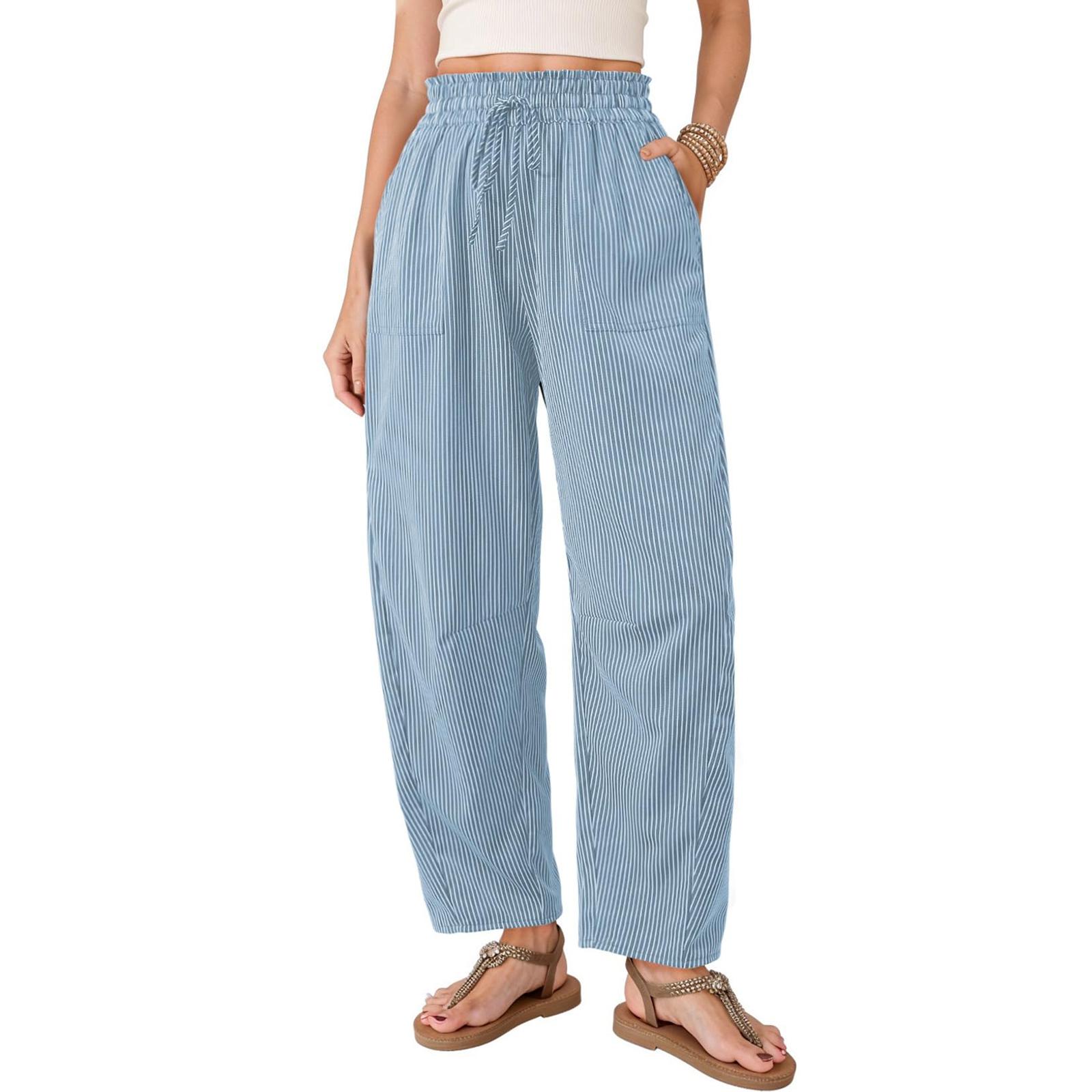 

Women Elastic High Waist Pant Casual Fit Wide Leg Long Pants Trousers With Pockets XXL синий