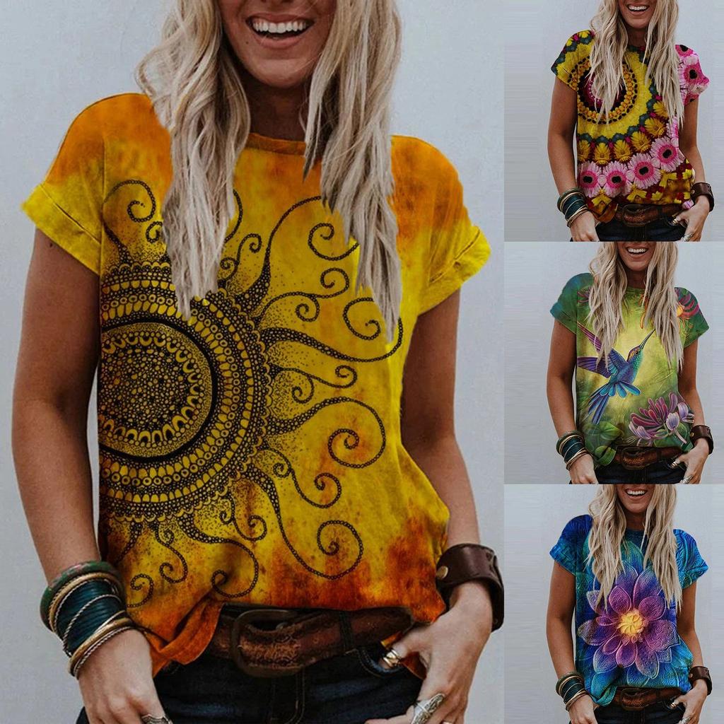 Fashion Women's Summer Printed Short Sleeve Crew-Neck T-Shirt Casual Tee Tops