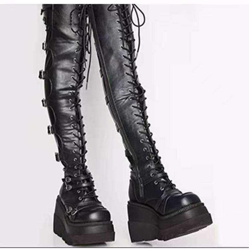 

Winter new large size knee boots round head slope heel boots women wish new knight boots 43 чёрный
