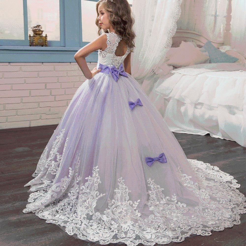 Girls' Lace Beaded Princess Evening Gown with Train