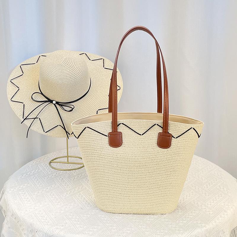 Summer Large Brim Sun Protection Sun Hat Seaside Vacation Travel Large Capacity Shoulder Bag Straw Hat Bag Set