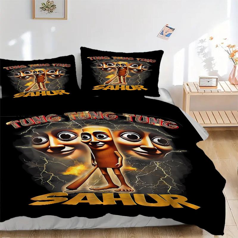 Thunderous Tung Tung Sahur Print 3Pcs Bedding Setduvet Cover With 2 Bedropillowcase Home Birthday Gift