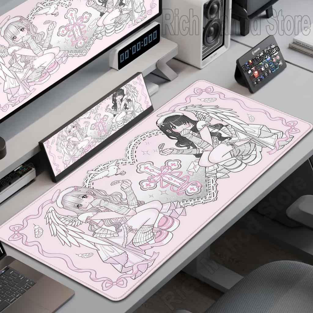 Anime Roztomilé Andělské Dívky Podložka pod Myš Herní Rozšířená Podložka na Stůl pro Notebook PC Kawaii Herní Skříňka Podložka pod Myš XXL Koberec pod Klávesnici Růžový Koberec
