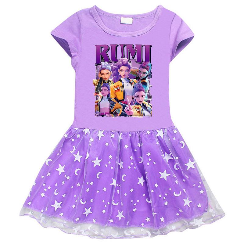 Multi-color Girls Kpop Mira Zoey Rumi Hunters Printed Mesh Dress