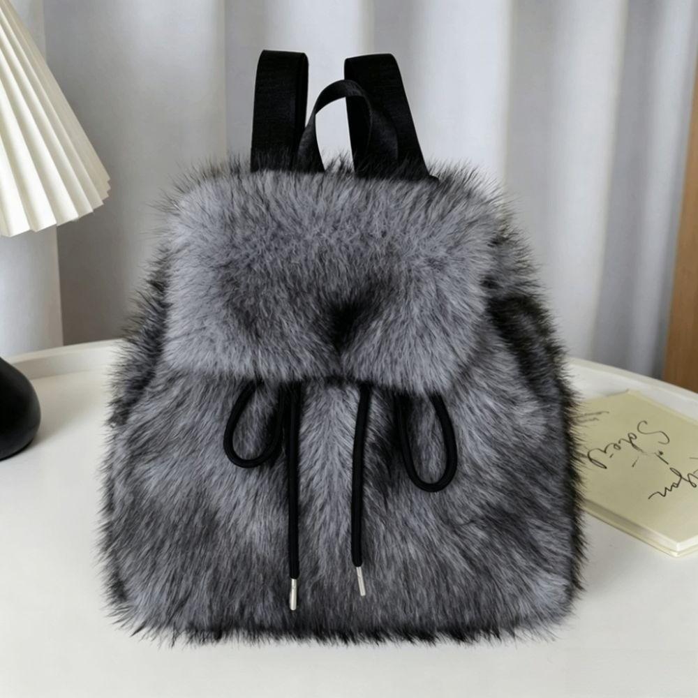 Drawstring Mini Daypack Adjustable Closure Plush Knapsack Y2k Fashion Faux Fur Backpack Travel