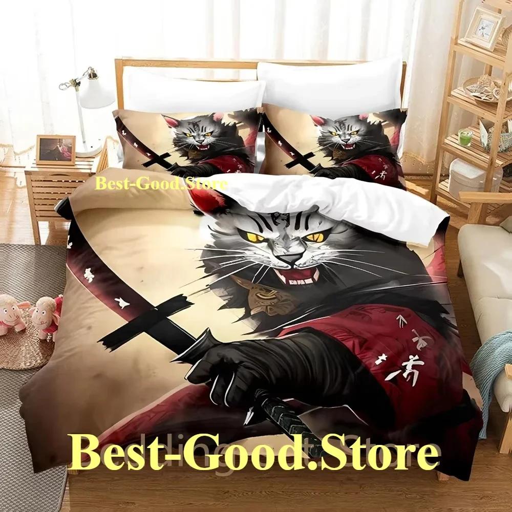 COOL Samurai Cat Bedding Set Duvet Cover Full Queen King Size Pillowcase Bed Printed Bed Set Aldult Kid Bedroom Single Twin