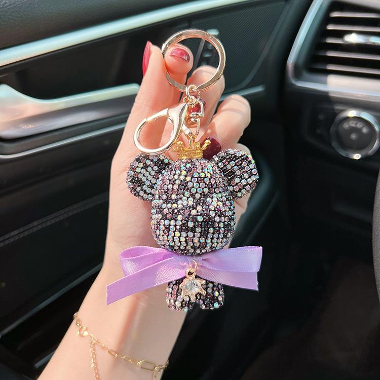Stylish Diamond Crown Bear Keychain with Ribbon - Charming Doll Accessory and Elegant Gift
