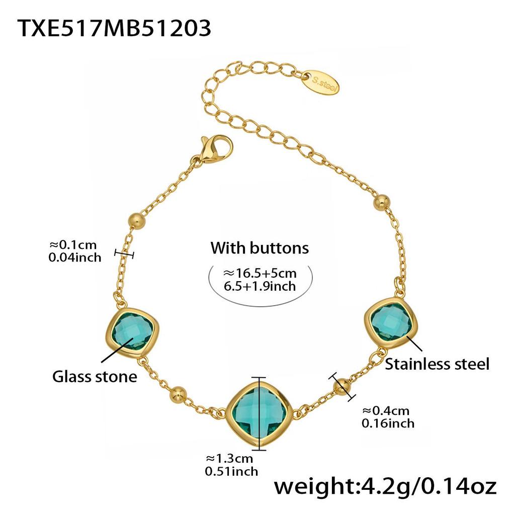 Geometric Glass Stone Earrings & Stainless Steel Bead Necklace Bracelet Set - Multi-color Patchwork Jewelry