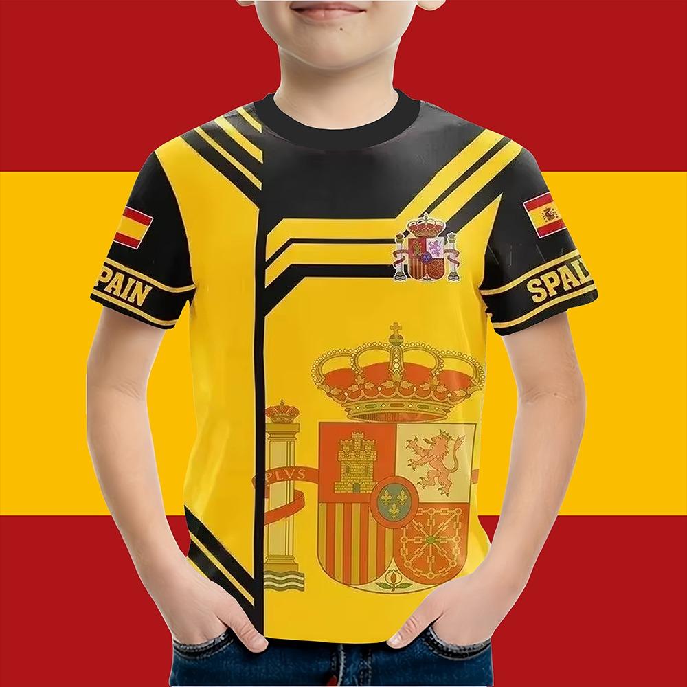 Boys Clothes Spanish Flag Graphic T-Shirt Vintage Casual Short Sleeved Kids Clothes 2-14Y Summer Outdoor Spanish Child Top Tee