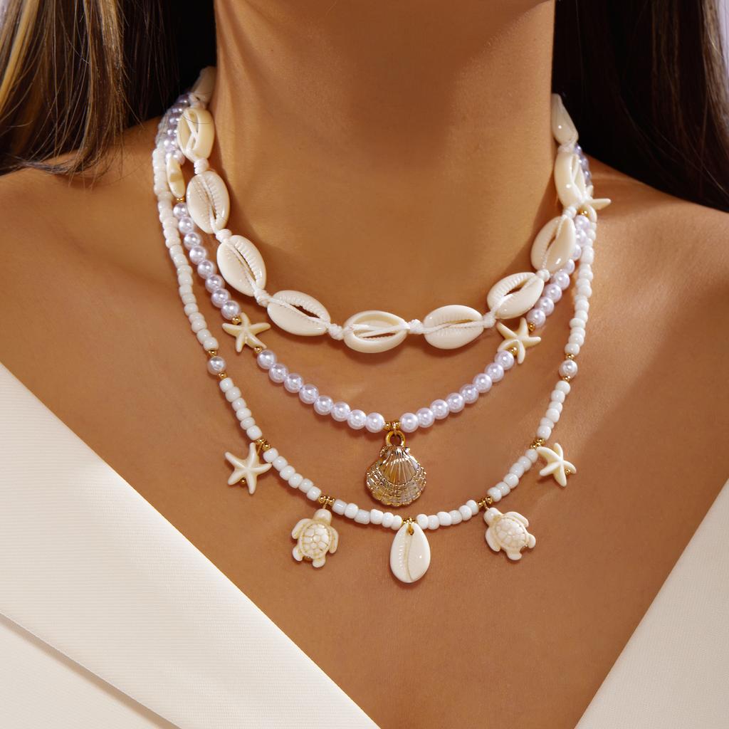 Shell Turtle Starfish Imitation Pearl Seed Bead Necklace 3-Piece Set Stacking Beach Vacation Style Accessory Daily Accessory