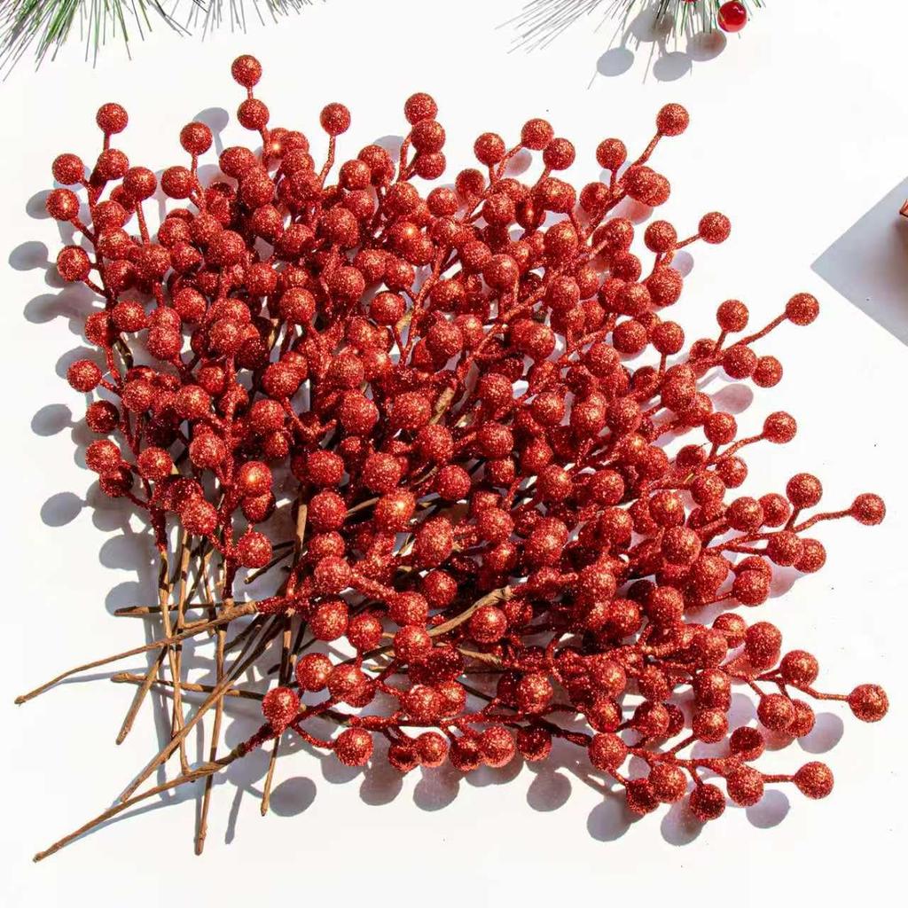 32 Pack Glitter Christmas Picks, 6.5-Inch Red Artificial Berry Stems for Xmas Tree & Home Decor