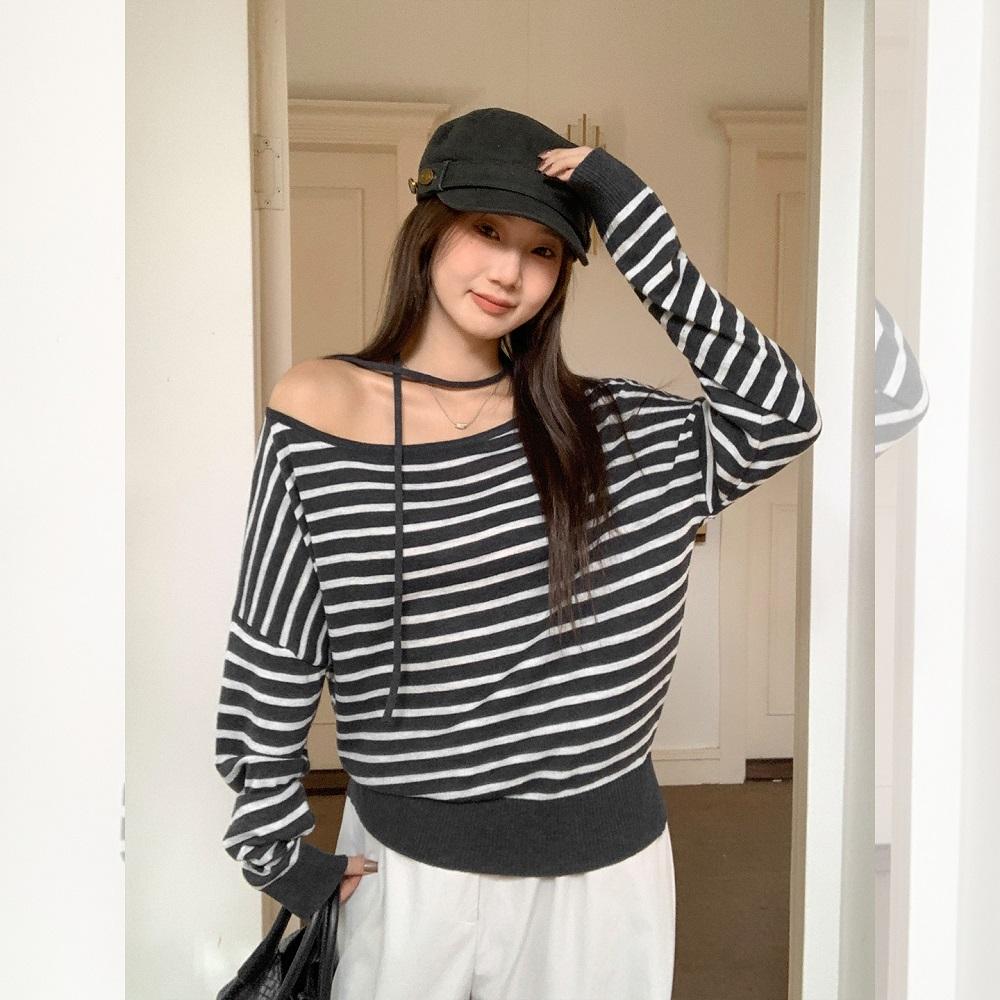 Long Sleeve Oversized Knitted Sexy Off the Shoulder Stripe Casual Loose Spring Autumn T Shirt Tops Women T-shirt