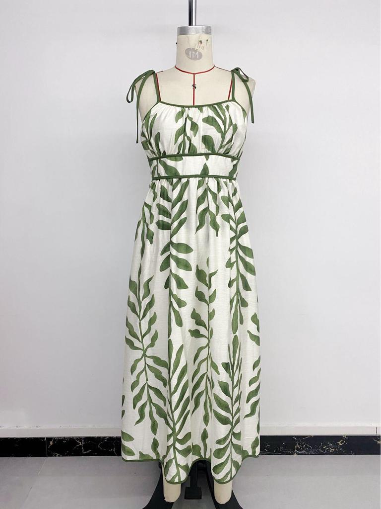 2026 Summer Green Leaf Print Spaghetti Strap Dress: Fresh Seaside Vacation Style