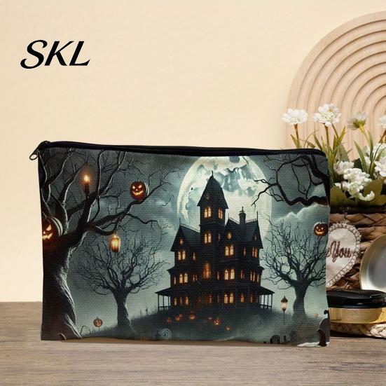 Holiday Theme Storage Bag Bag, Halloween Pattern Print, Durable Canvas Zippered Cute Ghost Pencil Case Travel Toiletry Case, for Makeup And Stationery