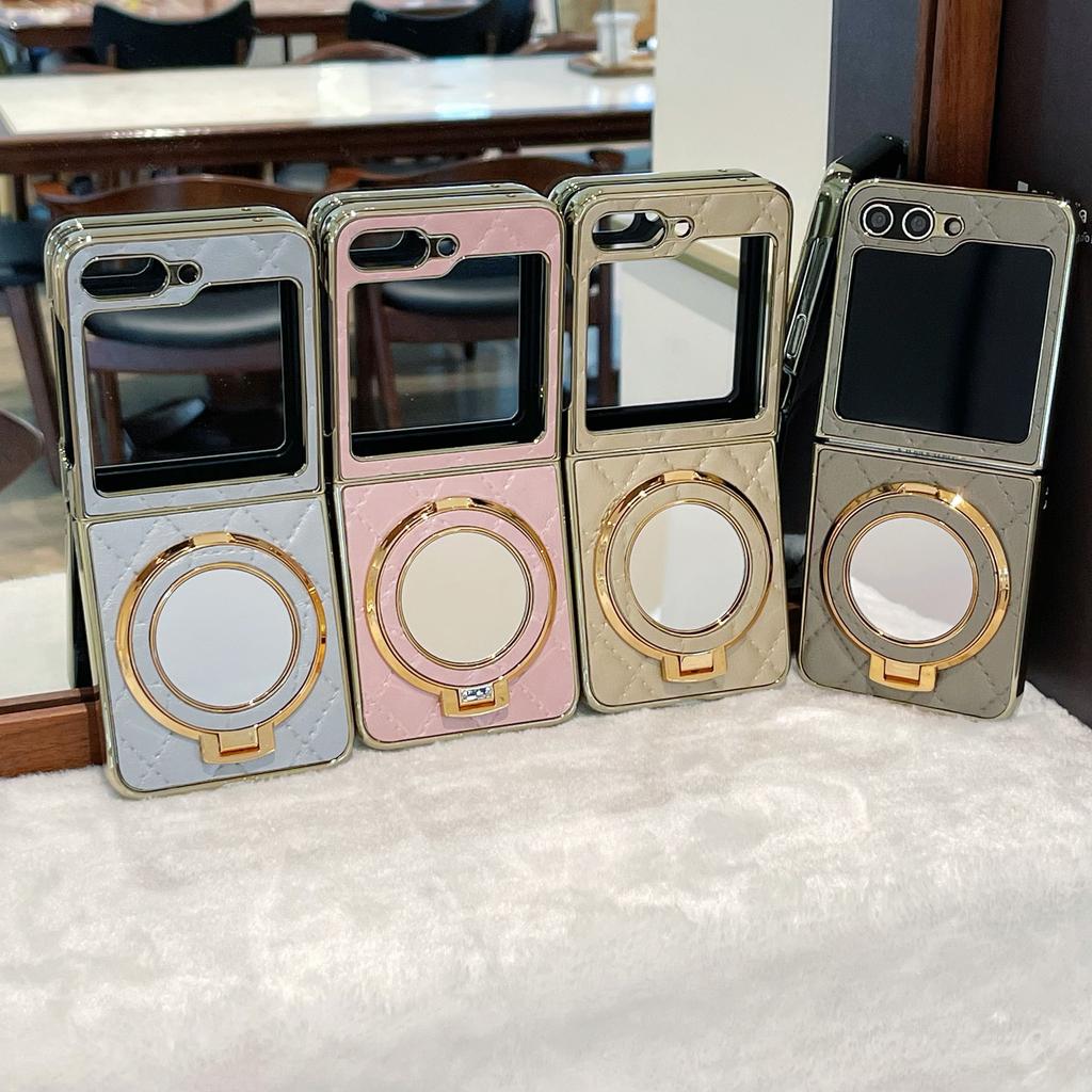 Luxury Cosmetic Mirror Holder Bracket Phone Case For Samsung Galaxy Z Flip 6 5 4 3 ZFlip 3 Cases Leather Cover