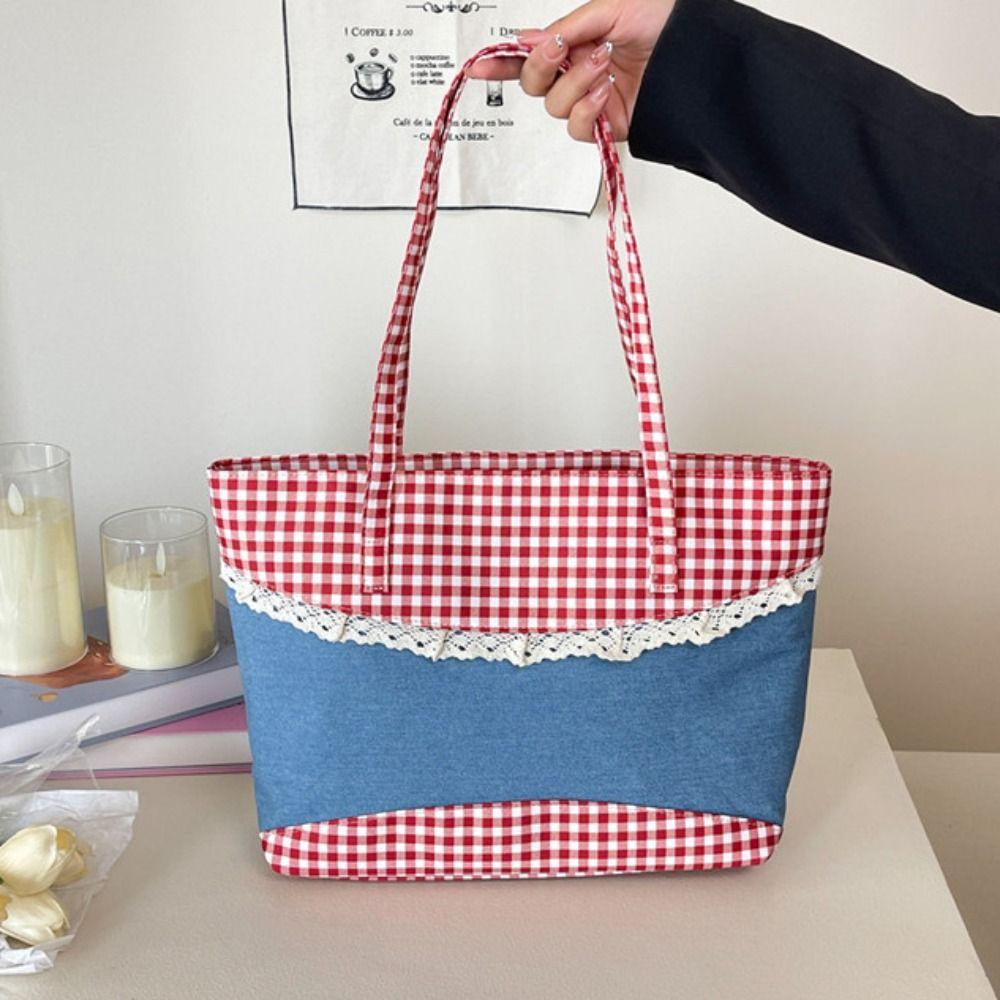 Rural Style Lace Bow Shoulder Bag Lattice Commuting Tote Bag Portable Denim Plaid Handbag  Women