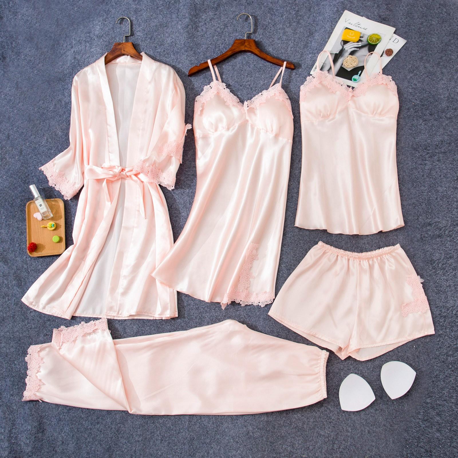 Женские атласные кружевные камзолы из 5 предметов, шорты, ночная рубашка, халат, пижама, нижнее белье L