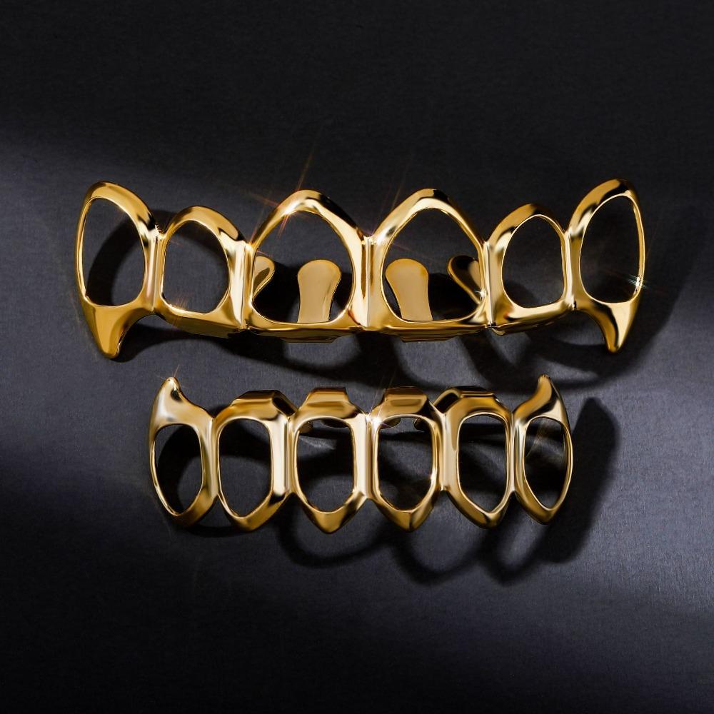Eco-friendly Copper Hollow Teeth Grillz Top Bottom Set Anti Slip Teeth Jewelry Rapper
