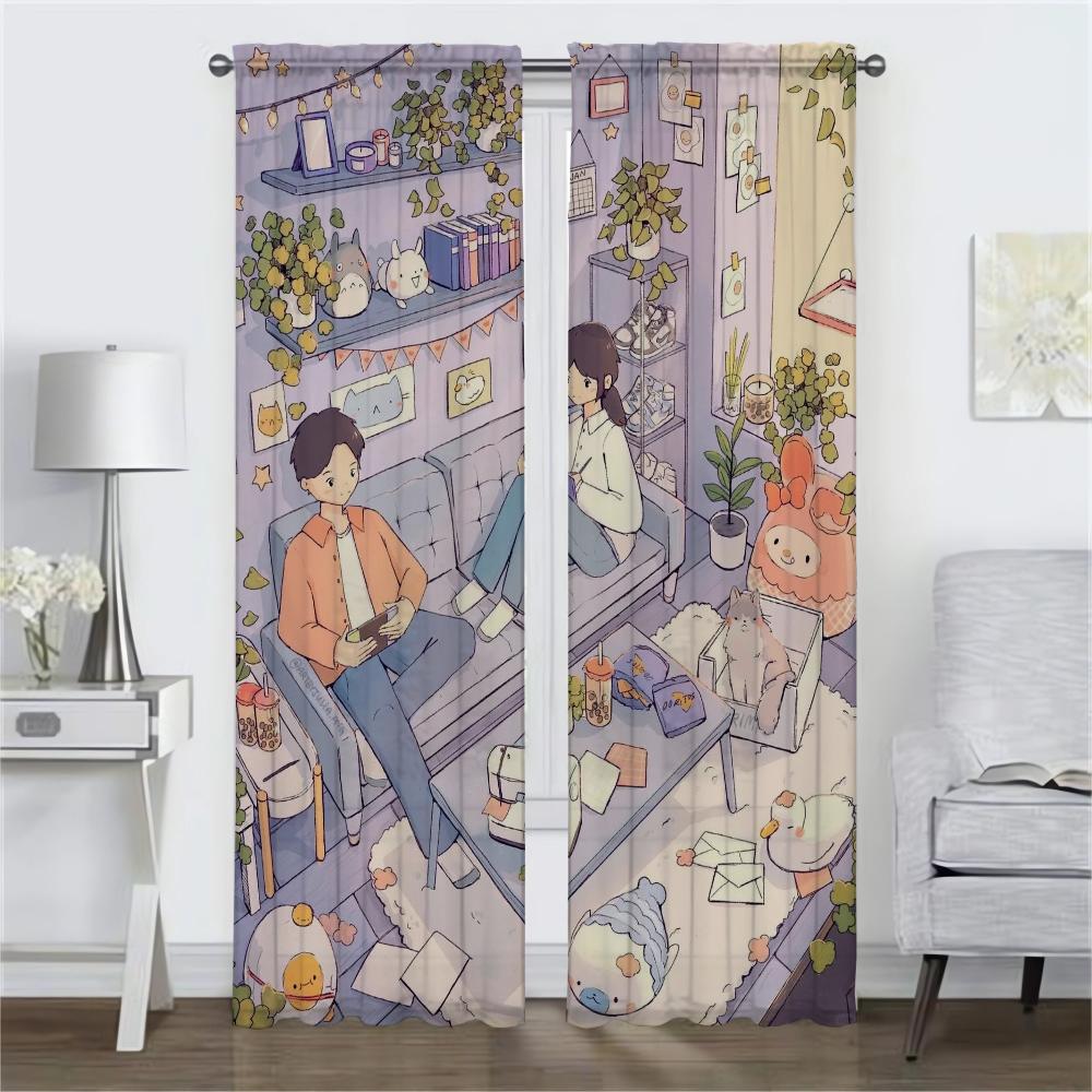 Set Of 2 Kawaii Life Tulle Bedroom Kitchen Curtains Camera Home Interior Window Curtain Shades Partition Room For Sleeping Area Made Polyester
