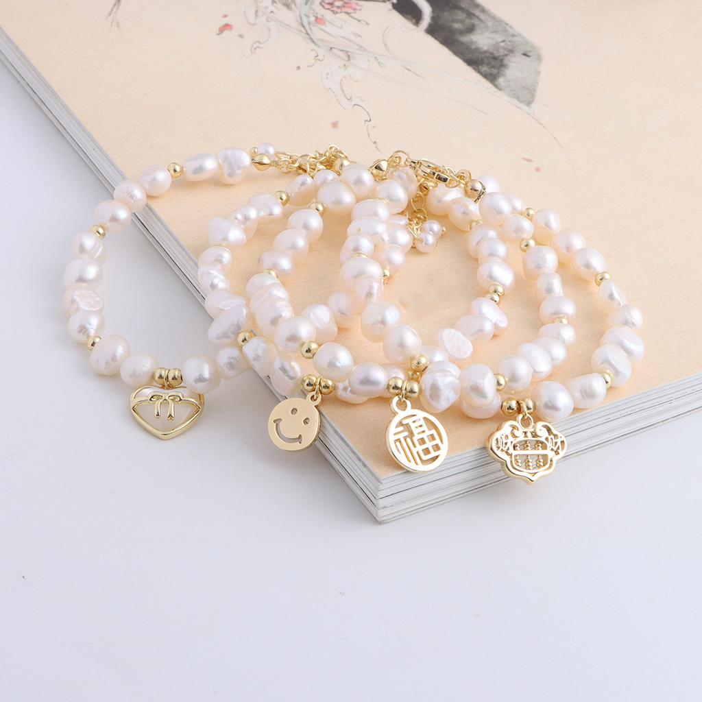 Natural Freshwater Pearl Bracelet Fu Character Smiley Face Shell Bow Pendant Bracelet Girlfriend Beaded Bracelet