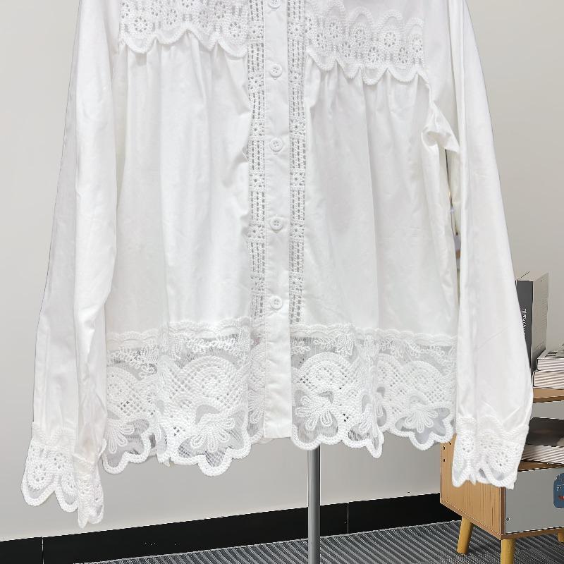 Fashion Patchwork Mesh Elegant White Blouse Women Tops Spring and Autumn Button Up Casual Shirts Women Vintage Lapel Solid Simple Ladies Blouses 25809