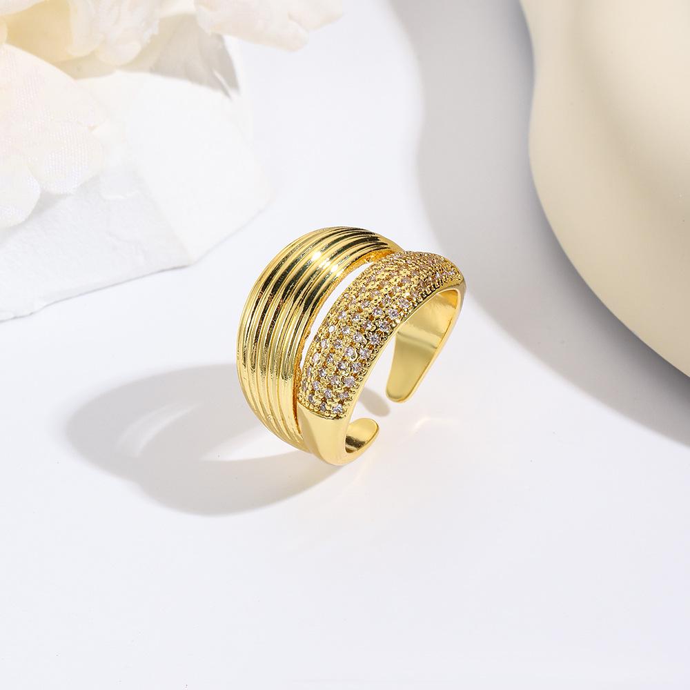 18k Gold-Plated Unisex Double Layer Open Ring with Hip-Hop Line Pattern