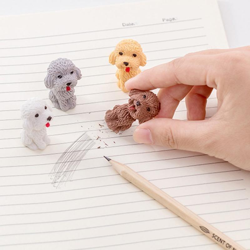 4Pcs/set  Cute Dog Pencil Cartoon Teddy Rubber Eraser Kids School Office Stationery Supplies