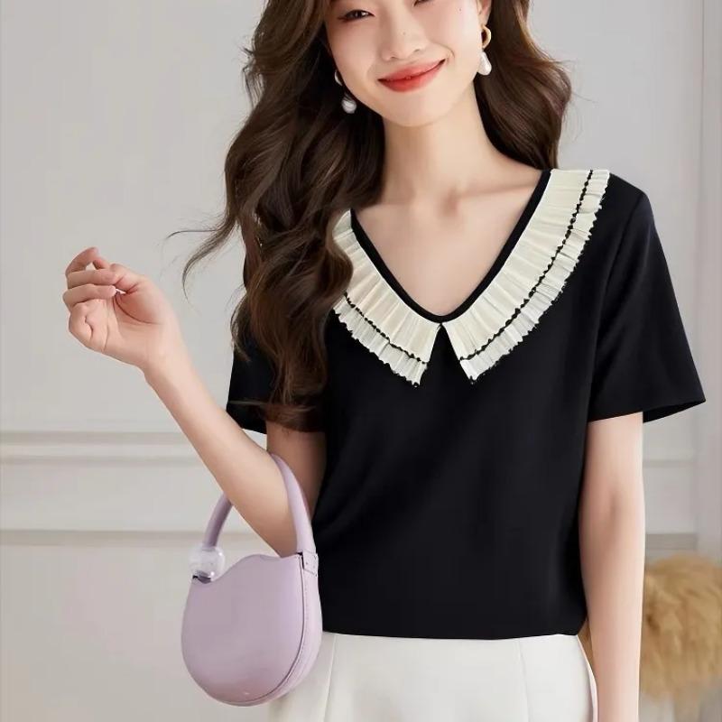 Women's Black Blouse Casual V-Neck Short-Sleeve Contrast Ruffle Trim Top