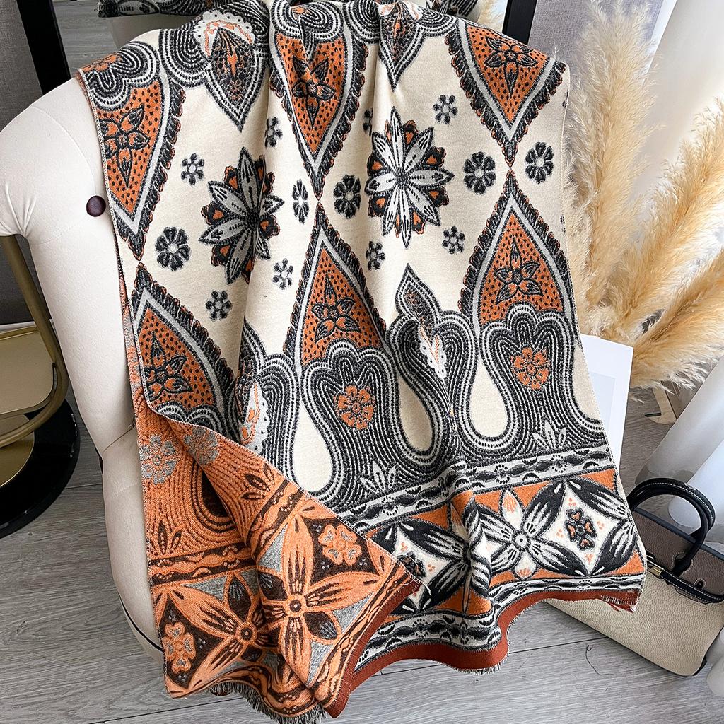 Women Two Sided Flower Print New Scarf Imitation Cashmere Soft Warm Pashmina Shawl Autumn Winter Coldproof Windproof Blanket