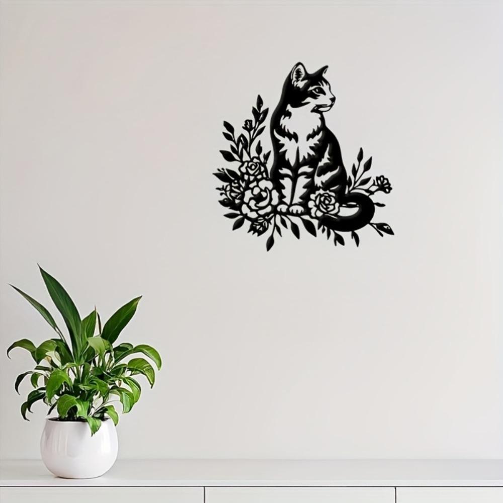 Metal Wall Art Cat On Branch with Flowers Leaves Black Elegant Home Decor Easter Mother Day Wedding Gift