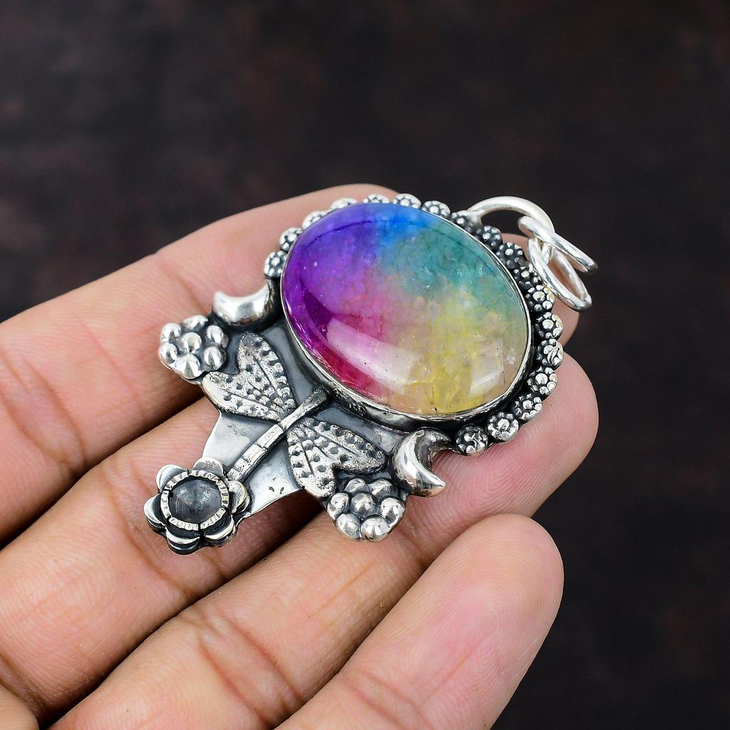 Rainbow Solar Quartz Druzy Pendant 925 Sterling Silver Pendant Handmade Boho Jewelry Dainty Gemstone Pendant Gift For Girl Dragonfly Pendant