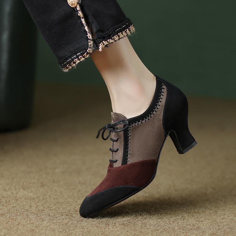 Fashion 2025 New Spring Autumn Retro Mature Women Pumps Office Ladies High-heeled Lace-Up Genuine Leather Suede Shoes Woman High Quality