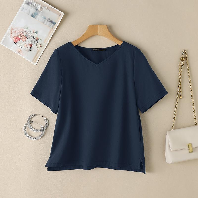 ZANZEA Women Casual V-Neck Summer Short Sleeve Cotton T-Shirts