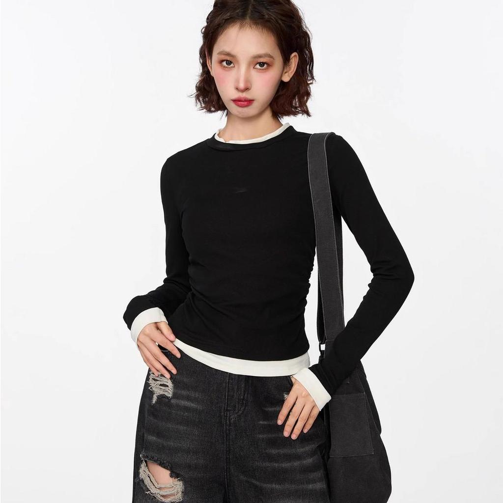 Black Faux Two-Piece Long-Sleeve T-Shirt - 2024 Spring/Autumn Pleated Color Block Slimming Fashion Top
